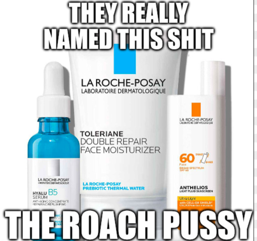 Image of "La Roche-Posay" branded face creams. Impact font reads "THEY REALLY NAMED THIS SHIT THE ROACH PUSSY" 