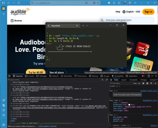 Screenshot of audible's website showing the html code with the duck on one row and a terminal displaying the same duck on multiple rows.