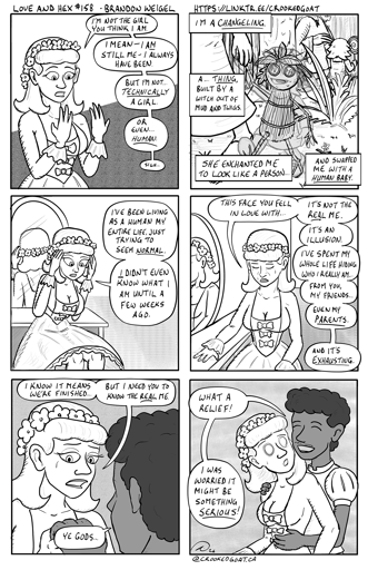 Page 158 from the comic Love and Hex. Changeling-Kayra confesses her true nature to her fiancé.